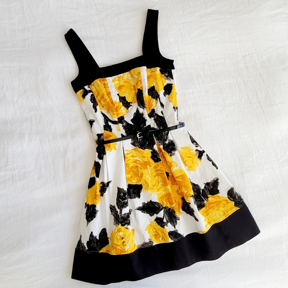 Corey P Yellow & Black Floral Fit & Flare Dress 6